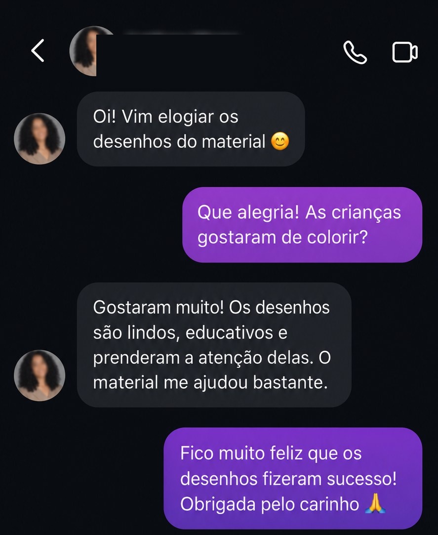 Cliente elogiando os desenhos educativos do material