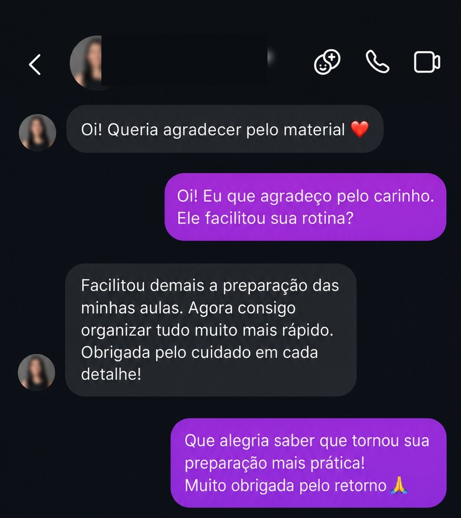 Professora relatando que o material facilitou o preparo das aulas
