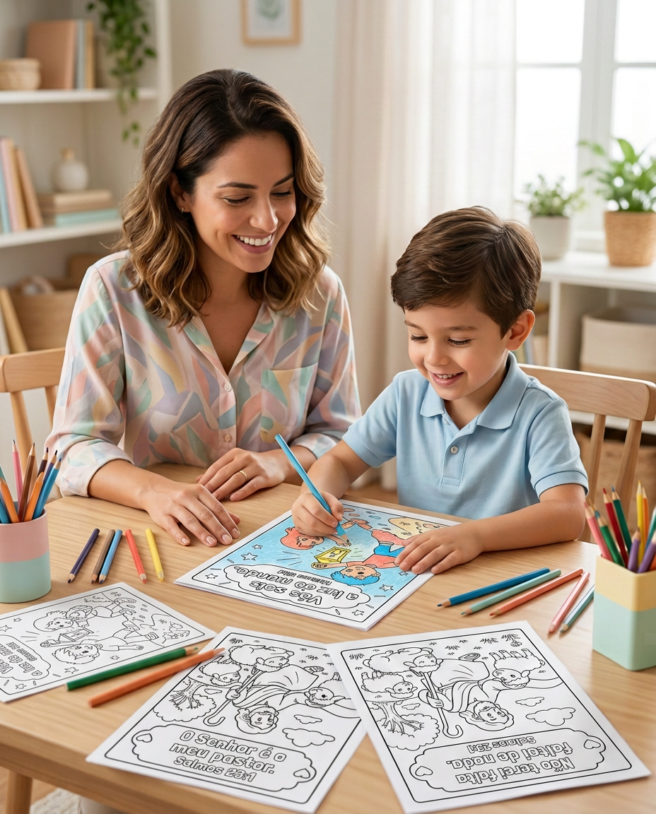 Tutora e criança usando as atividades cristãs do EducaS Kit em uma mesa